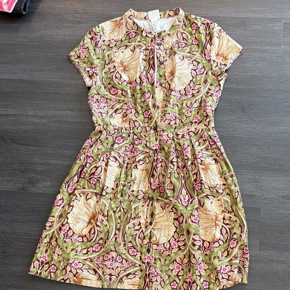 Morris & co h&m Floral Button-Front Short Sleeve Dress Sz 6 Green, Pink, Cream